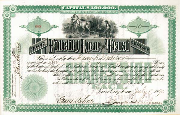 Fidelity Loan and Trust Co. - Stock Certificate