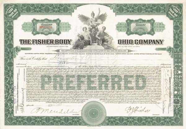 Frederic John Fisher - The Fisher Body Ohio Co. - Stock Certificate