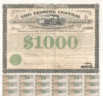 Florida Central Railroad - $1,000 Bond (Uncanceled)