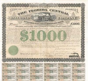 Florida Central Railroad - $1,000 Bond (Uncanceled)