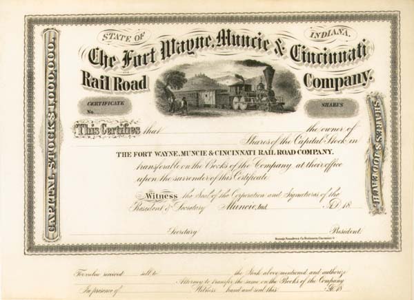 Fort Wayne, Muncie and Cincinnati Railroad - Stock Certificate