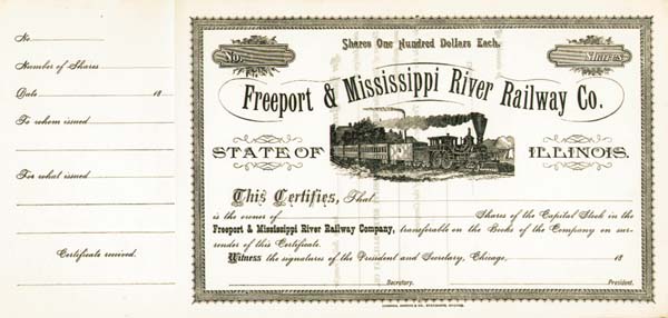 Freeport and Mississippi River Railway - Stock Certificate (Uncanceled)