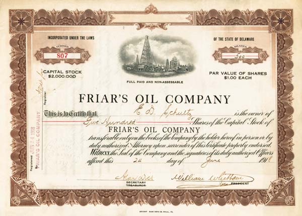 Friar's Oil Co. - Stock Certificate