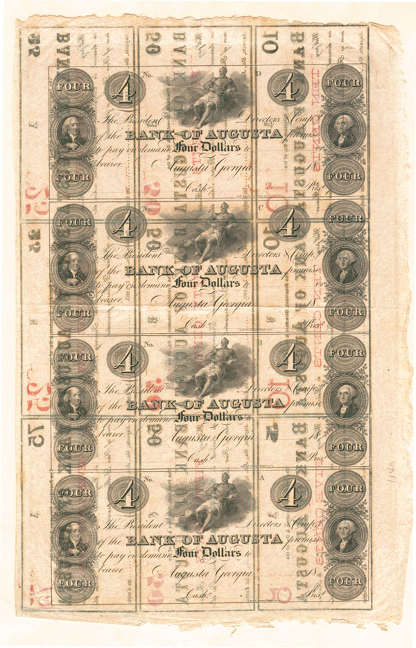 Bank of Augusta Uncut Obsolete Sheet - Broken Bank Notes - Augusta, Georgia