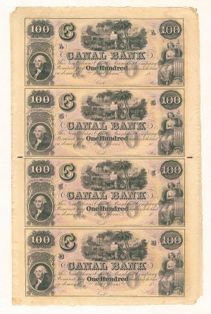 $100 Canal Bank - Uncut Obsolete Sheet of 4 Notes - Broken Bank Notes - Paper Money - SOLD