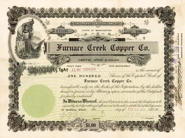 Furnace Creek Copper Co. - Stock Certificate (Uncanceled)