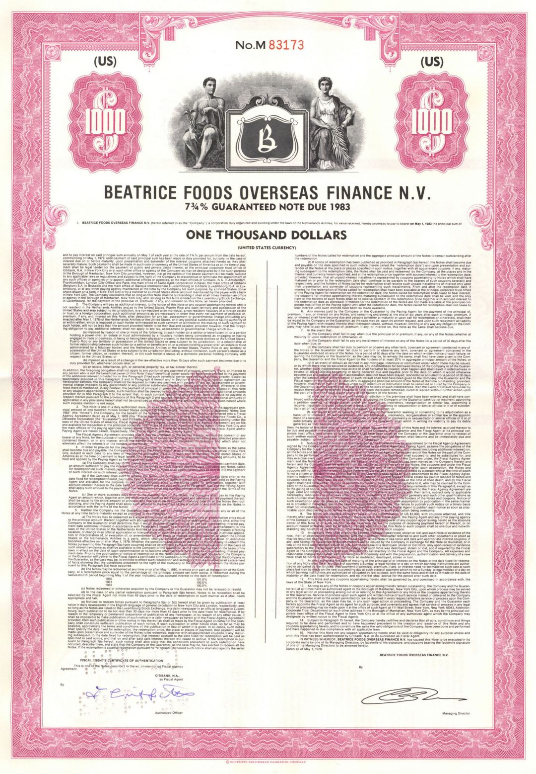 Beatrice Foods Overseas Finance, N.V. - $1,000 7.75% Bearer Bond - Food Processing Company