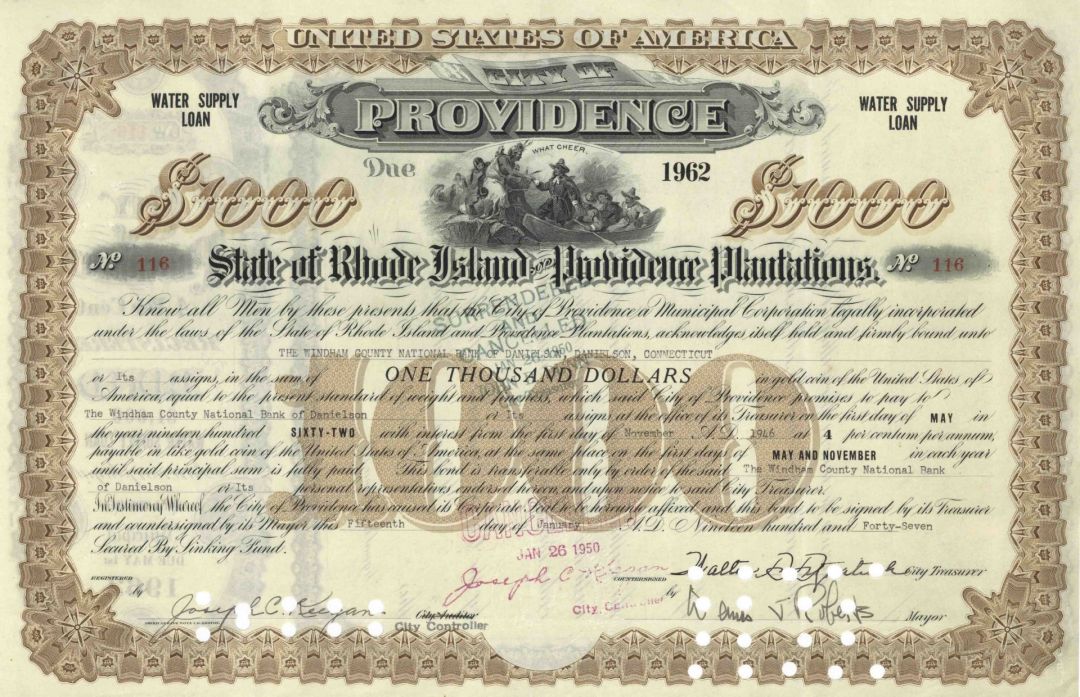 City of Providence Bond - 1920's-50's dated State of Rhode Island and Providence Plantations