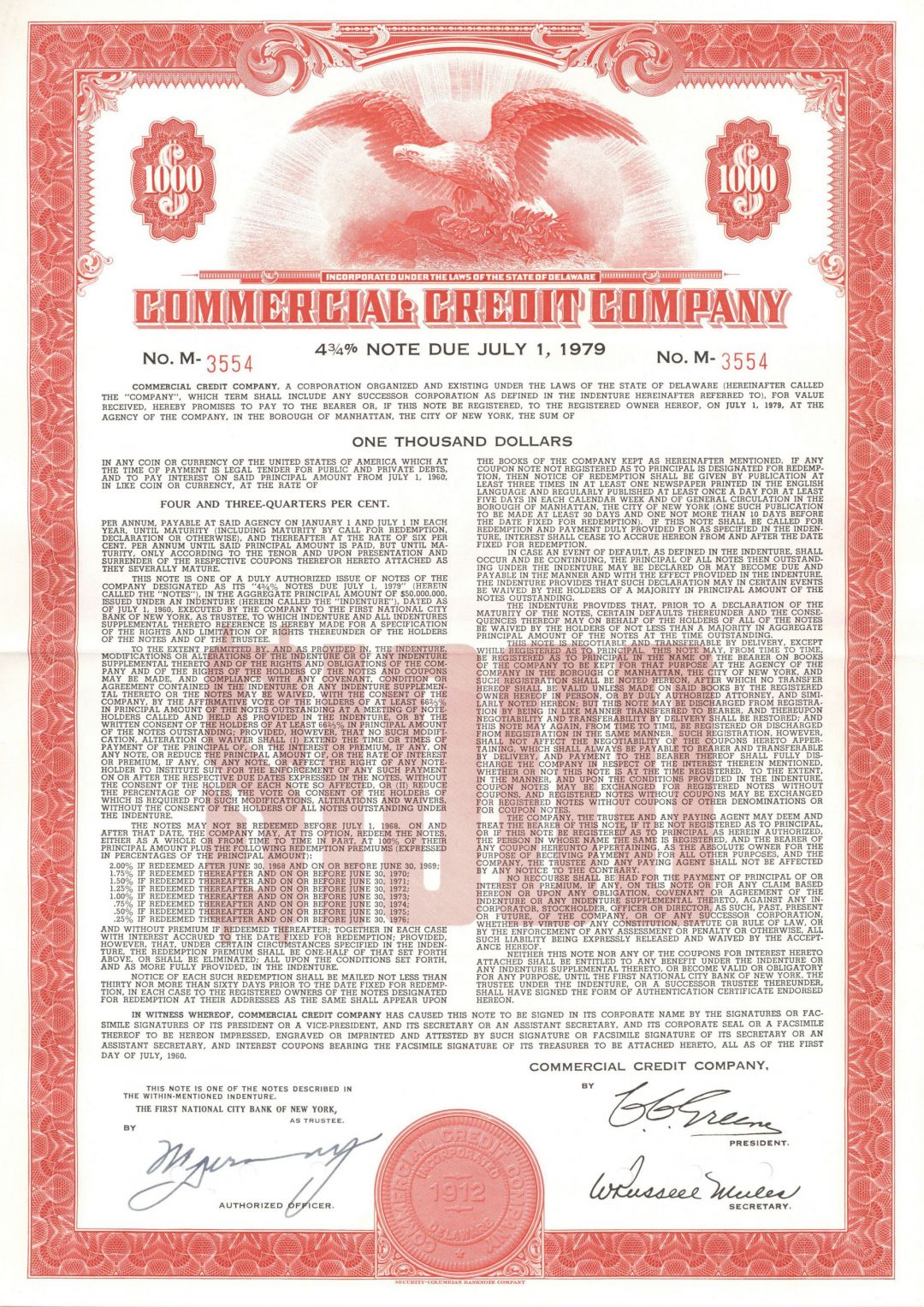 Commercial Credit Co. - 1960 dated $1,000 Bond - Alexander Edward Duncan was the Founder