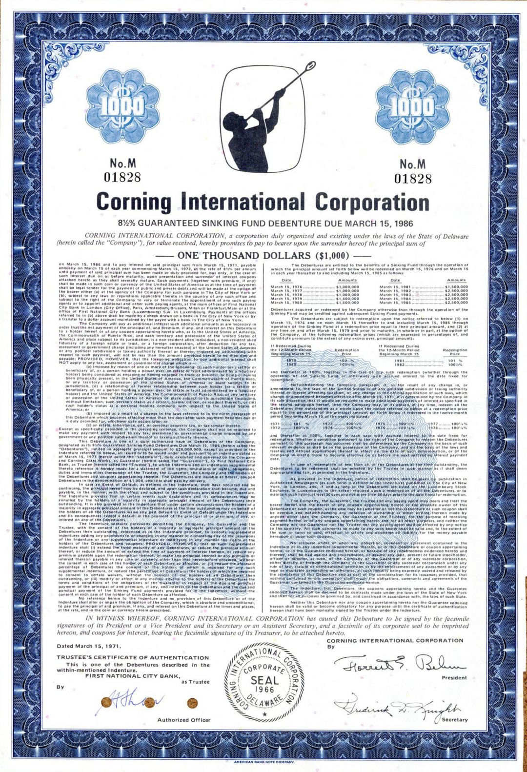 Corning International Corp - $1,000 Bond - Technology, Glass & Ceramics Company