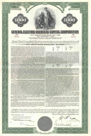 General Electric Overseas Capital Corp - 1965 dated $1,000 4.25% Guaranteed Bond - Utilities Industry