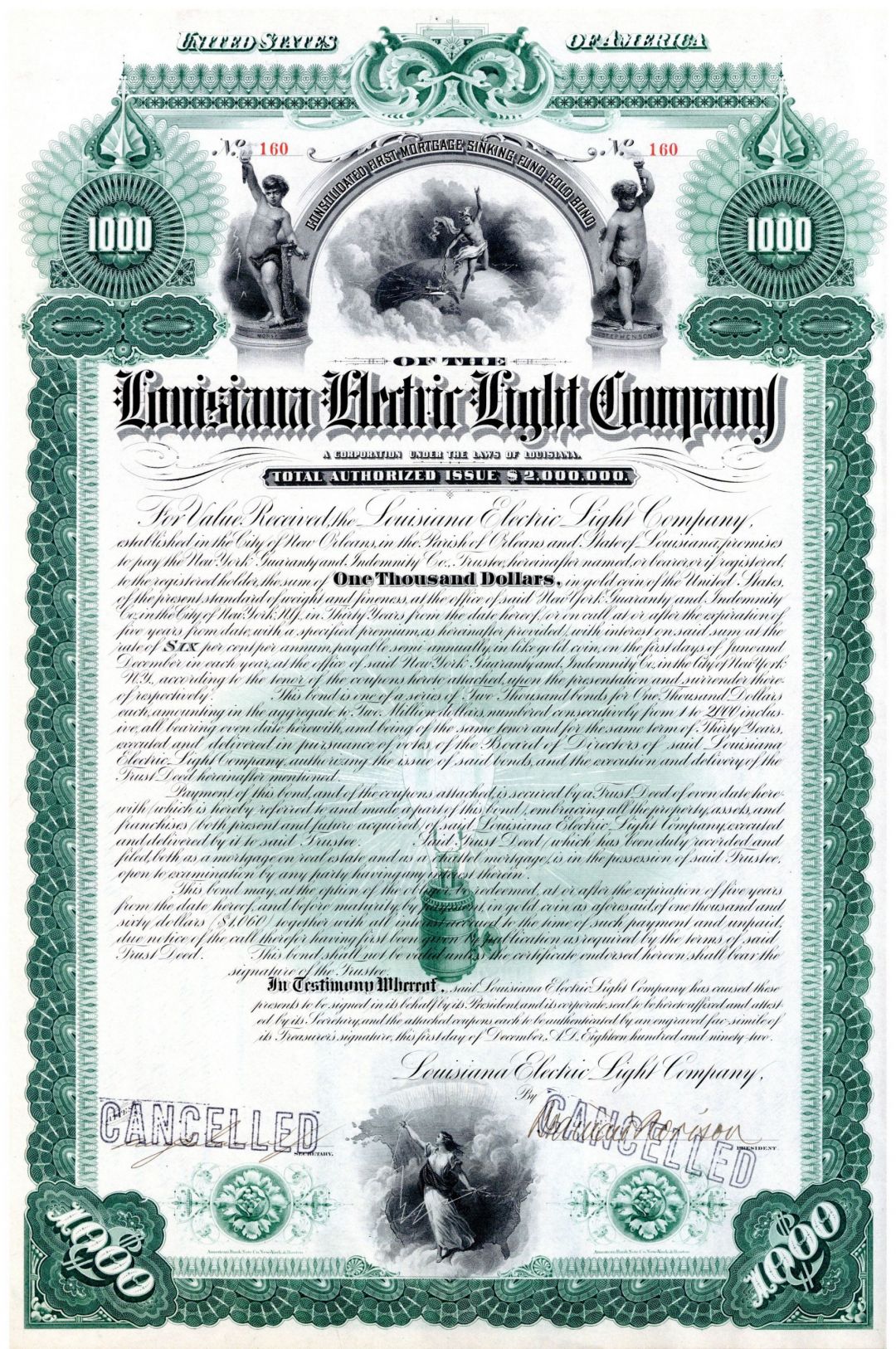 Louisiana Electric Light Co. - Gorgeous Utility New Orleans $1,000 6% Gold Bond