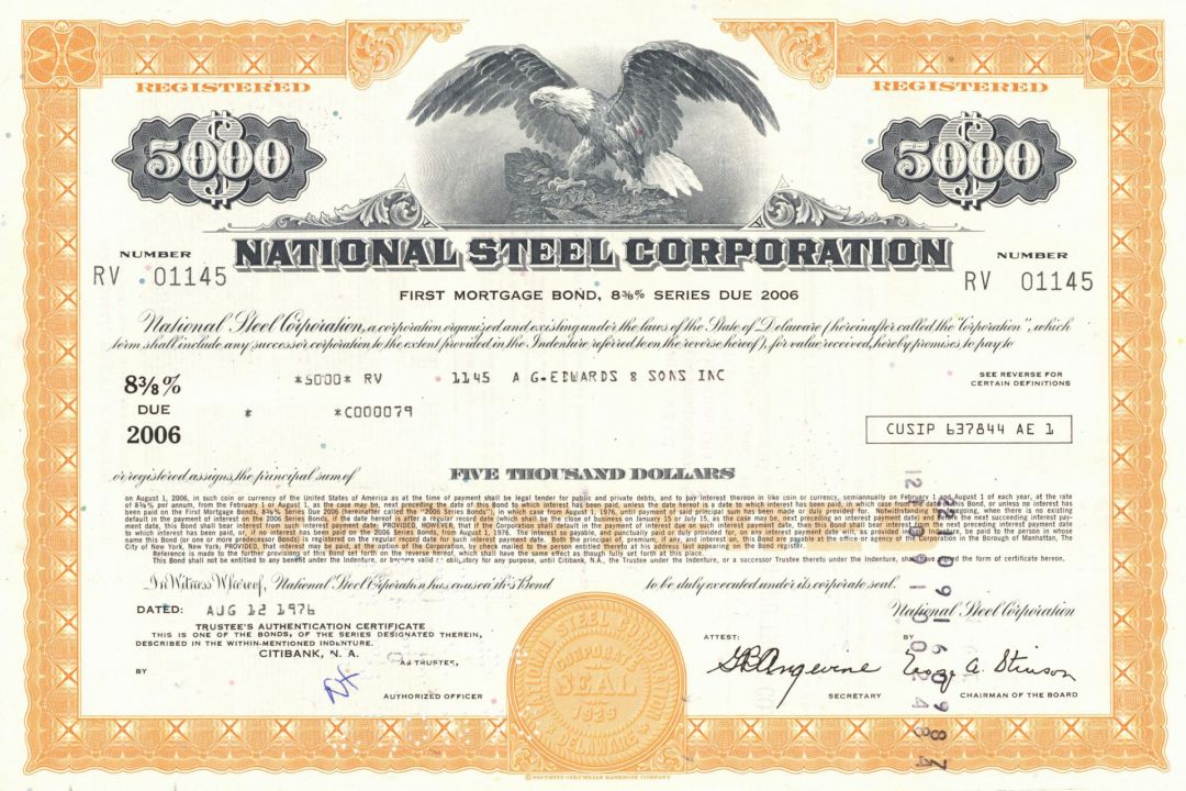 National Steel Corporation - 1970's dated Delaware Steel Bond - Bought out by United States Steel Corporation
