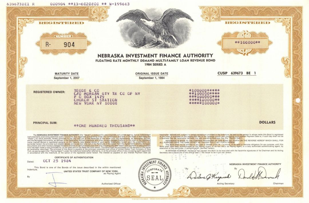 Nebraska Investment Finance Authority - 1980's dated Multi-Family Loan Revenue Bond
