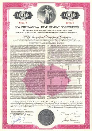 RCA International Development Corp. $1,000 Bond - Radio Corp. of America - Electronics & Music Bond