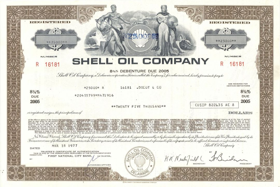 Shell Oil Co. - 1970's-80's dated Famous Oil Company Bond - Various Denominations of This Bond Available