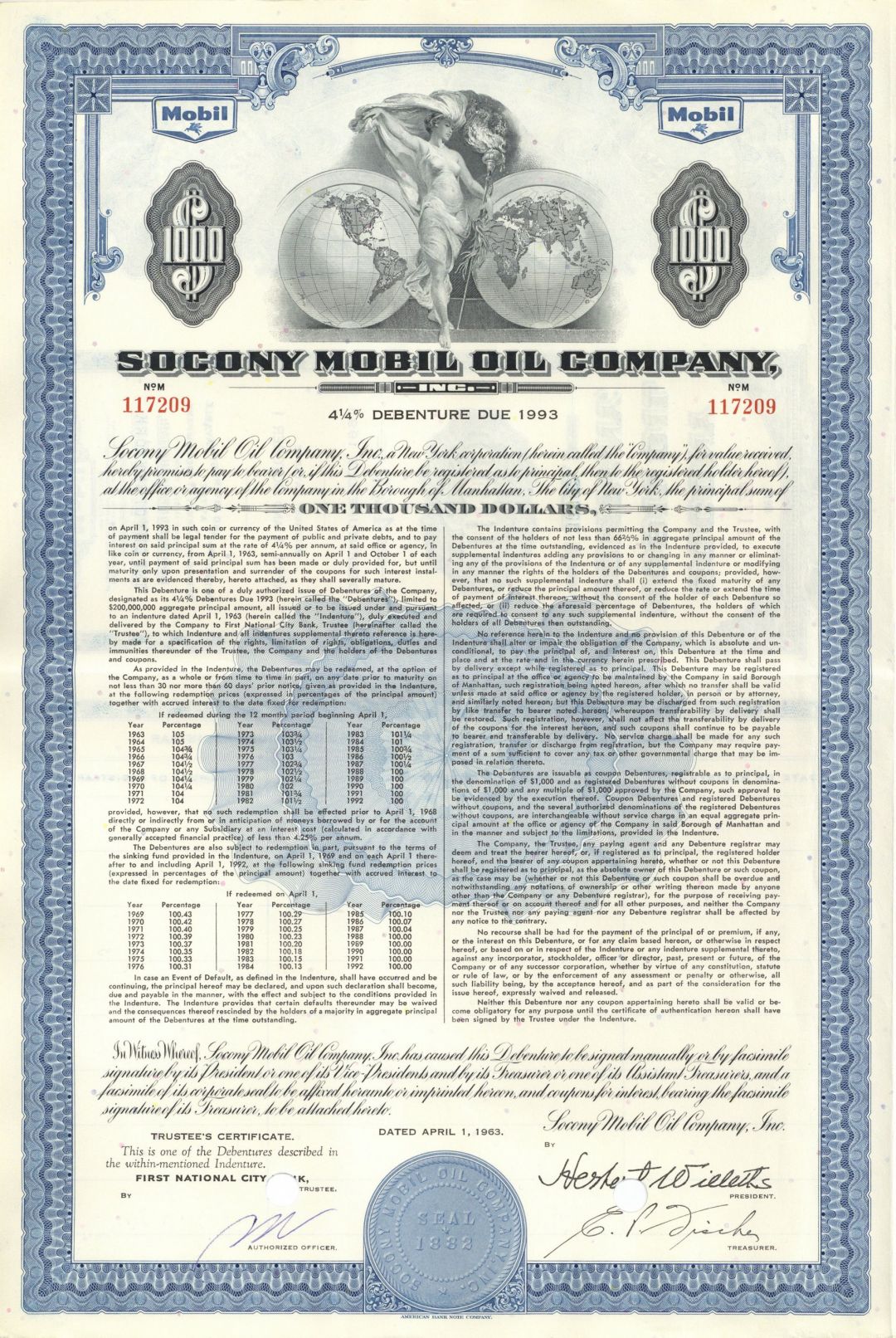 Socony Mobil Oil - dated 1963 $1,000 4 1/4% Bond - Direct Descendent of Standard Oil Company