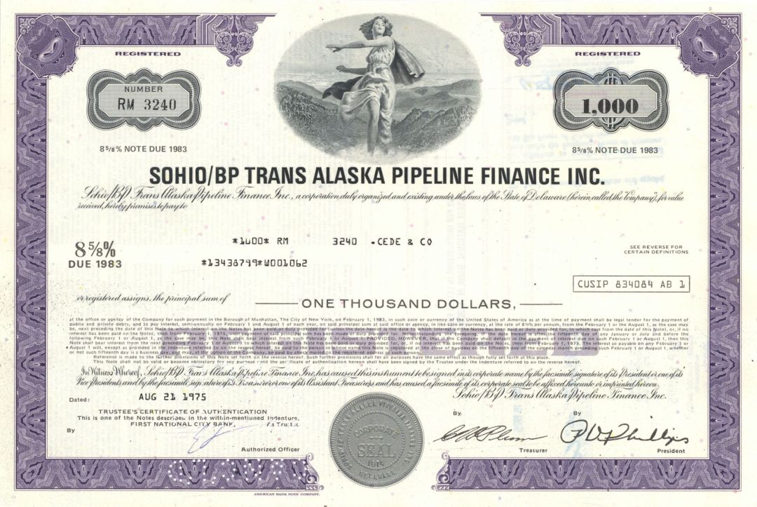 Sohio/BP Trans Alaska Pipeline Finance Inc. - 1970's dated Various Denominations Bond - Available in Purple, Orange, Brown or Olive - Please Specify Color