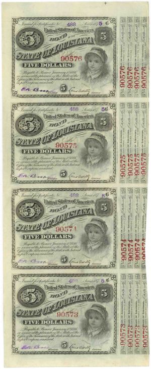 Uncut Sheet of 4 State of Louisiana Bonds known as 'Baby Bonds' - 1874-78 dated Series B Uncut Sheet of 4 Bonds - Great History
