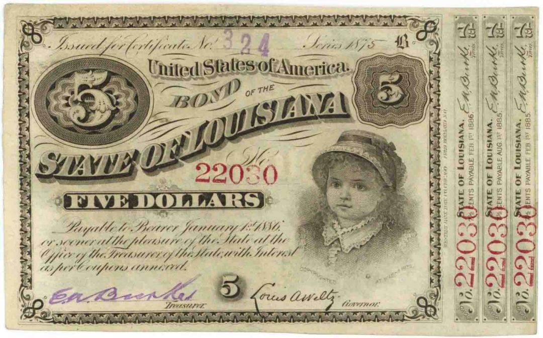 One State of Louisiana Bond known as 'Baby Bond' - 1874-78 dated Series B One Uncanceled Bond - Great History