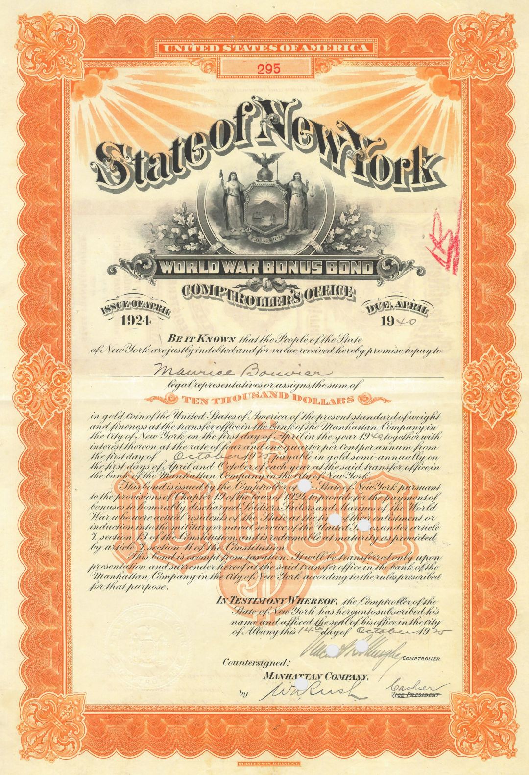 World War Bonus Bond - 1940's dated State of New York Payable in Gold Coin Bond