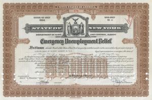 1930's-40's dated Emergency Unemployment Relief Bond - State of New York