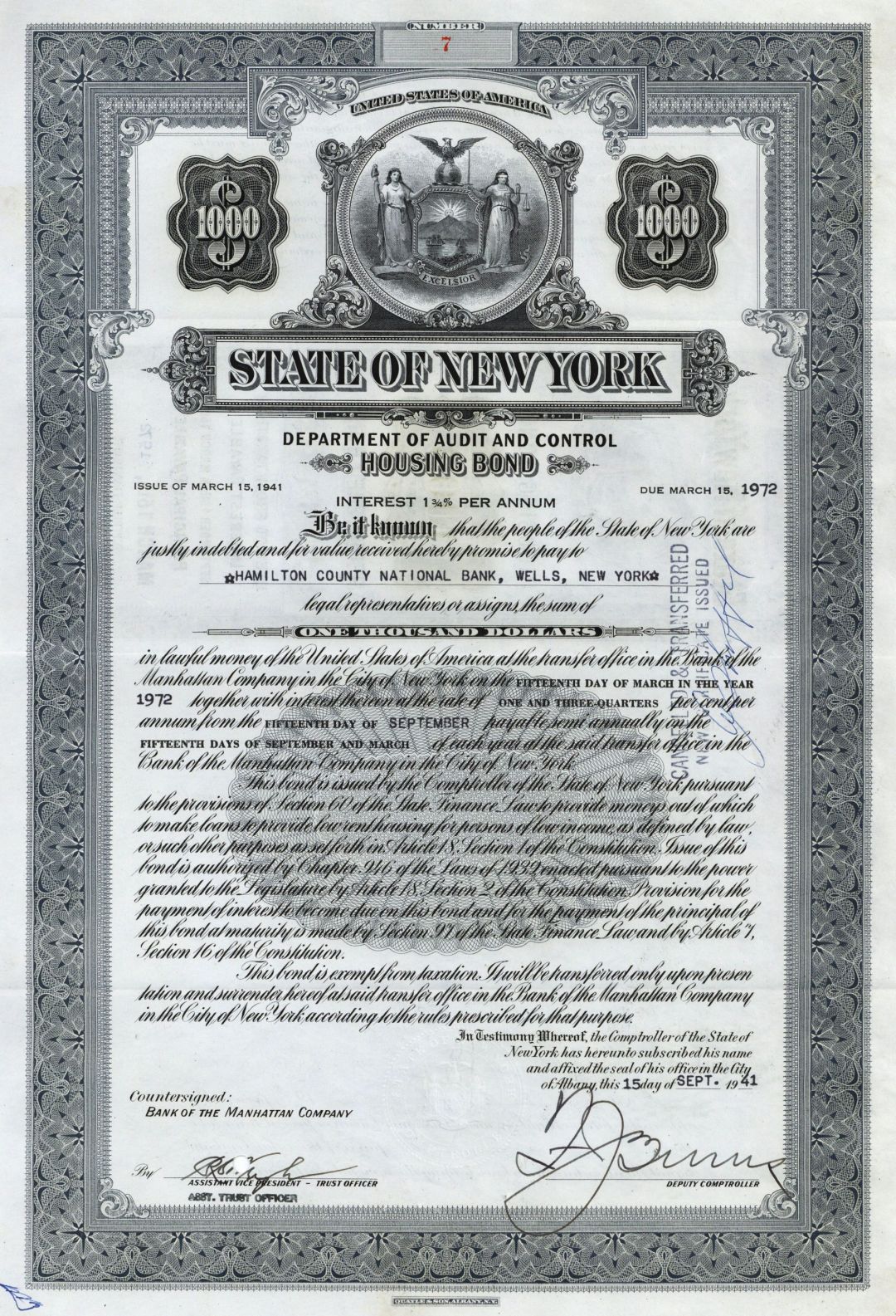 State of New York Bond dated 1941 - Department of Audit and Control - Housing Bond