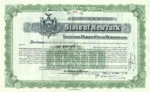 State of New York - Loan For Barge Canal Terminals - 1910-1940's dated New York State Bond
