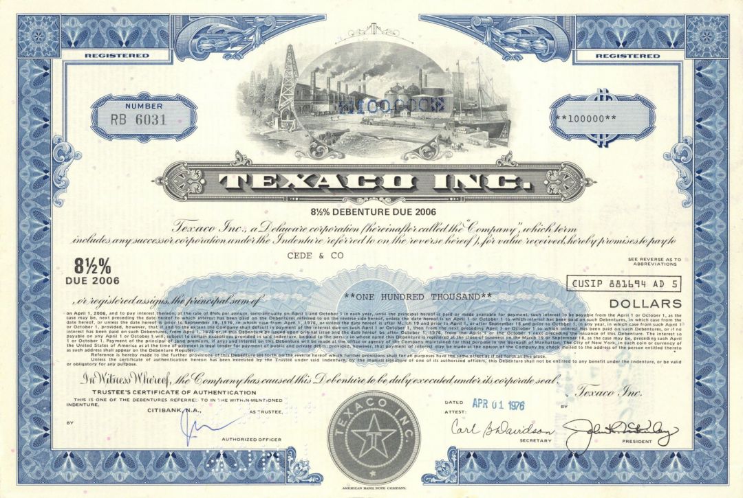Texaco, Inc - dated 1970's Gas and Oil Bond - Acquired by Chevron
