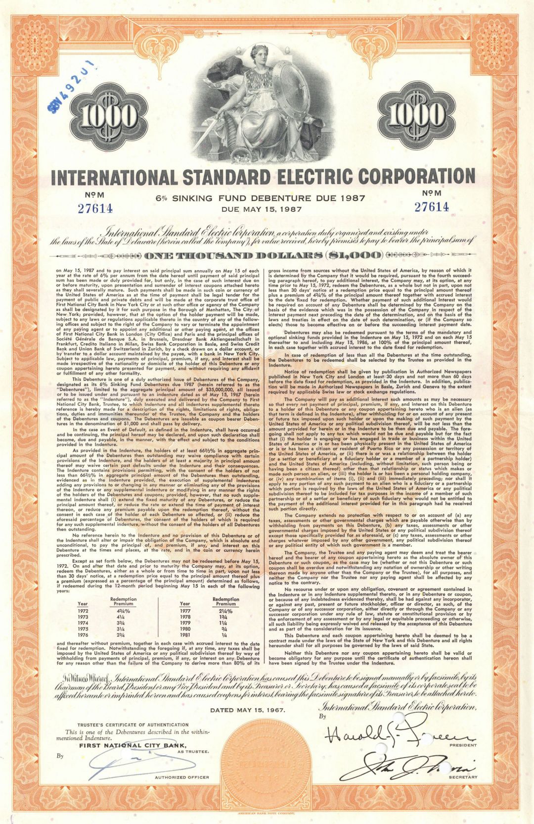 International Standard Electric Corp. - 1967 dated $1,000 6% Sinking Fund Bond - Connections with NEC Corporation