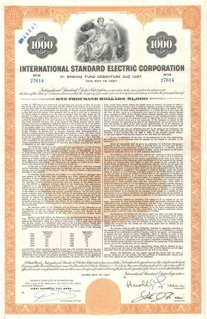 International Standard Electric Corporation - 1967 dated $1,000 6% Sinking Fund Bond - Connections with NEC Corporation