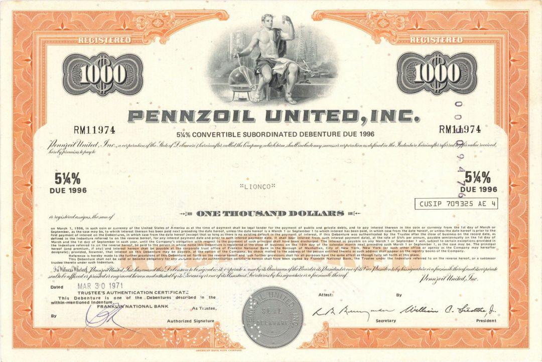 Pennzoil United, Inc. - 1970's dated Oil Bond in Various Denominations - Please Specify Color