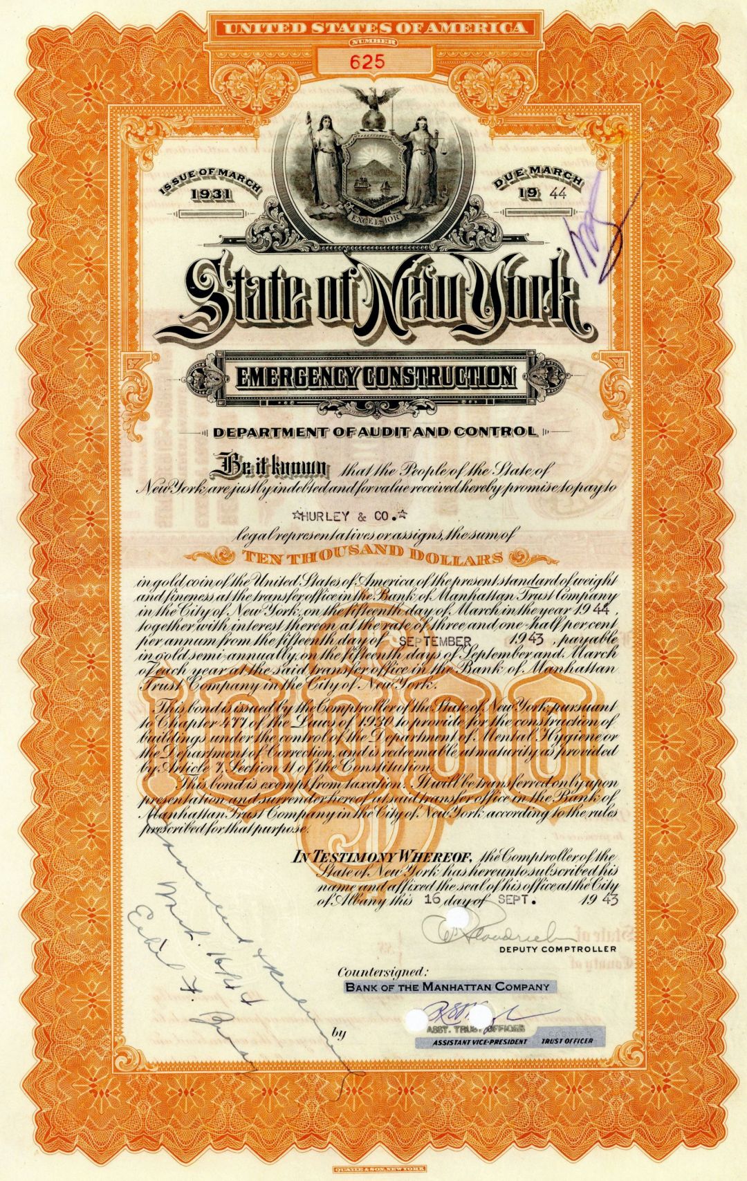State of New York - 1930's-40's Emergency Construction Bond - Department of Audit and Control
