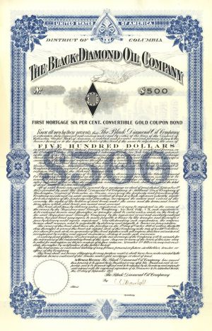 Black Diamond Oil Co. - 1917 dated $500 District of Columbia Oil Gold Bond - Partially Issued - Uncanceled