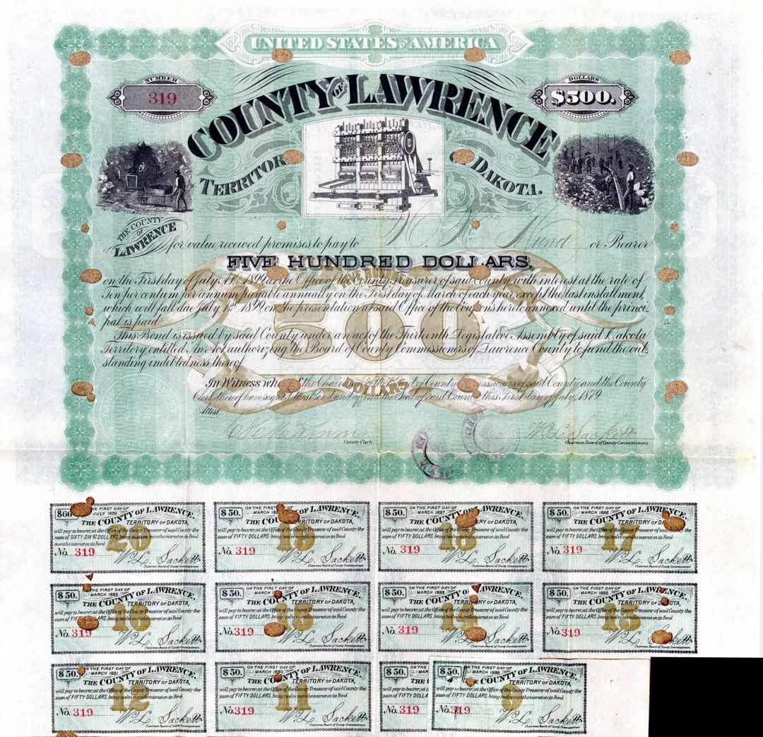 County of Lawrence -Territory of Dakota - Various Denominations Bond