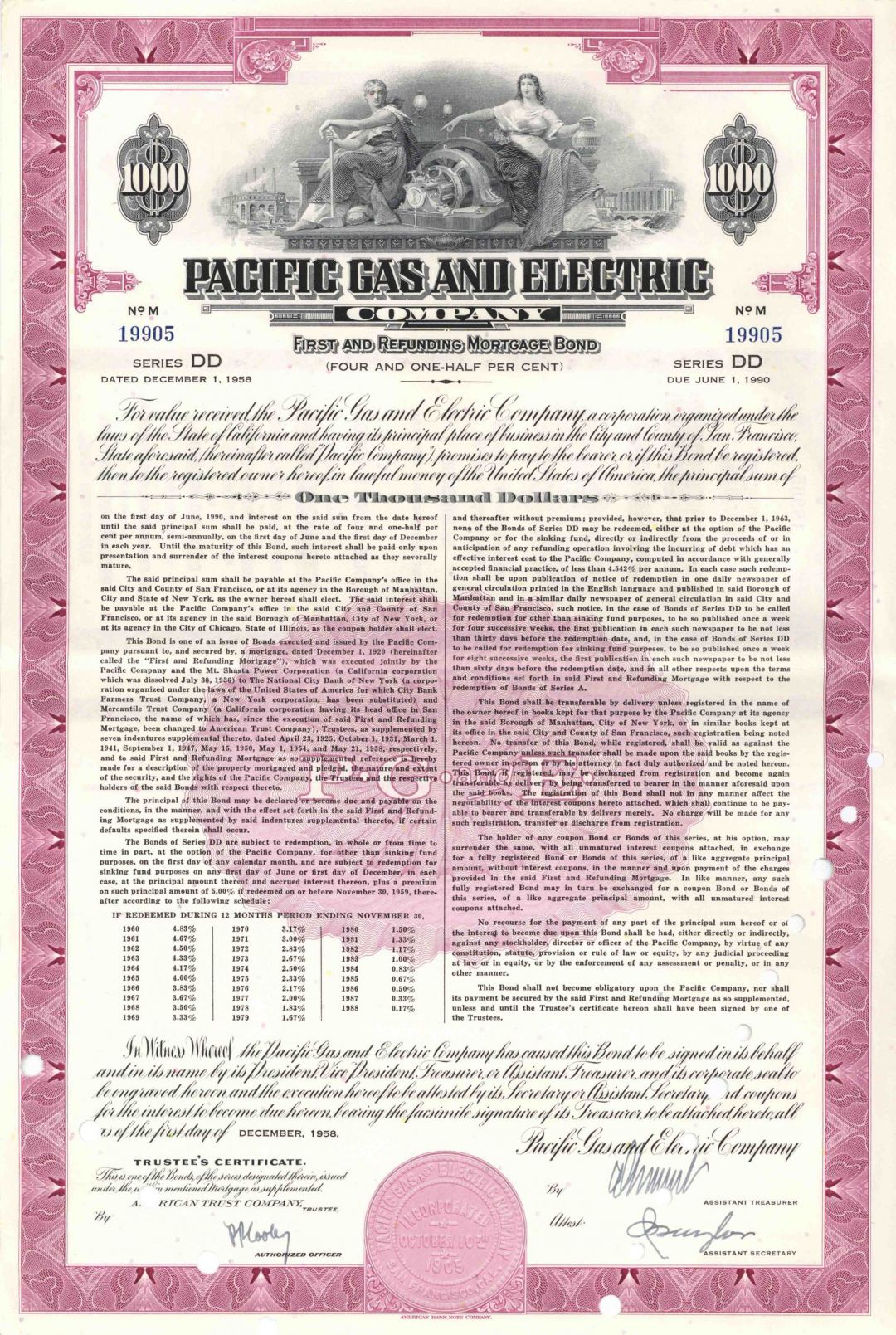 Pacific Gas and Electric Co. - PG&E - 1940's-1950's dated $1,000 Utility Bond