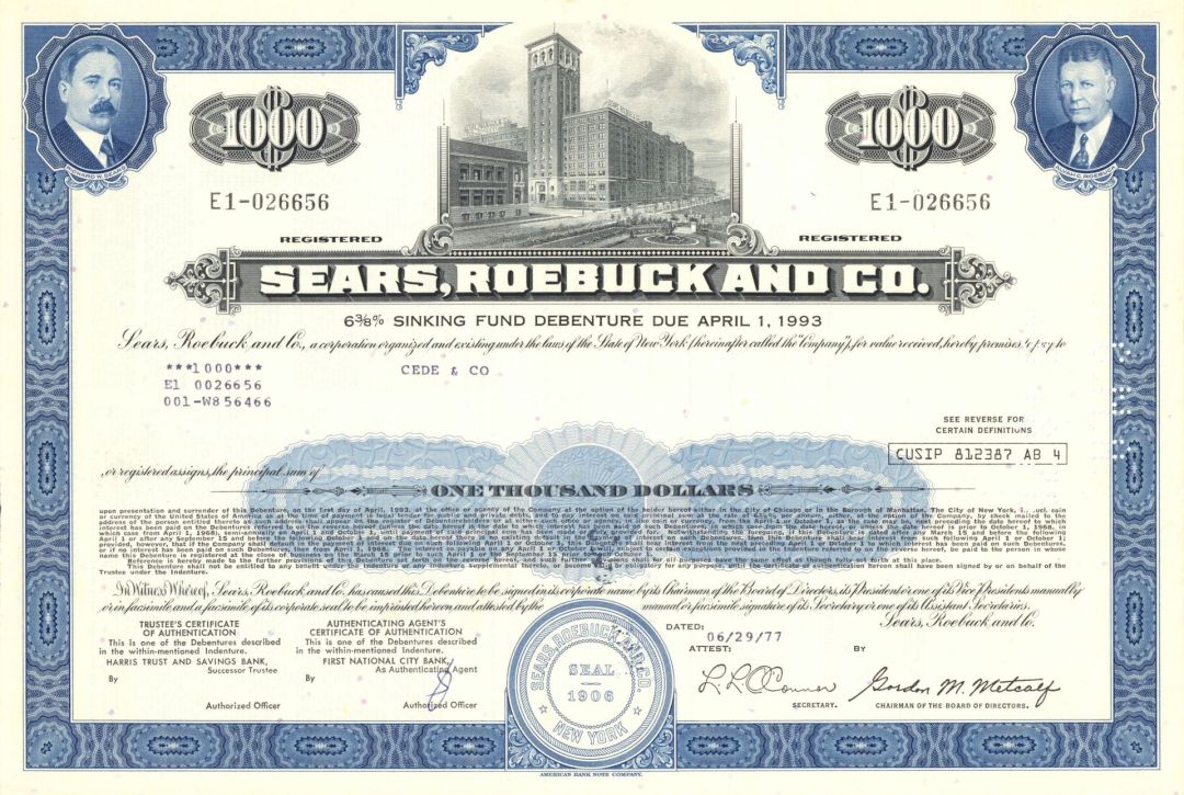 Sears, Roebuck and Co. - $1,000 Registered Bond - Famous Department Store - Sears - Has Become Extremely Rare Now