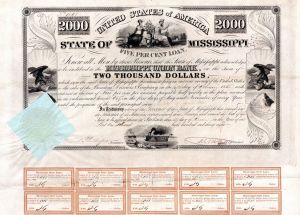 $2,000 State of Mississippi 1838 Bond (Uncanceled) signed by Governor Alexander G. McNutt - $2,000 5% State Loan Bond