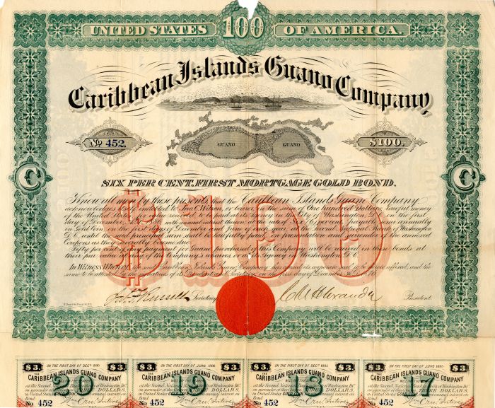 Caribbean Islands Guano Co. - $100 Bond (Uncanceled)