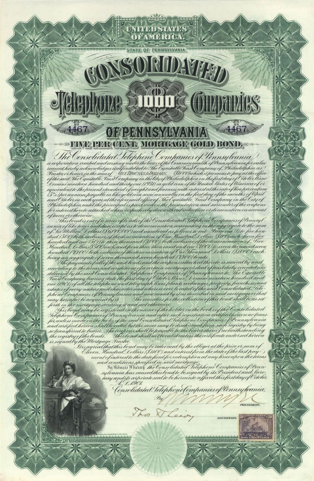 Consolidated Telephone Companies of Pennsylvania (Uncanceled) - Utility $1,000 Gold Bond