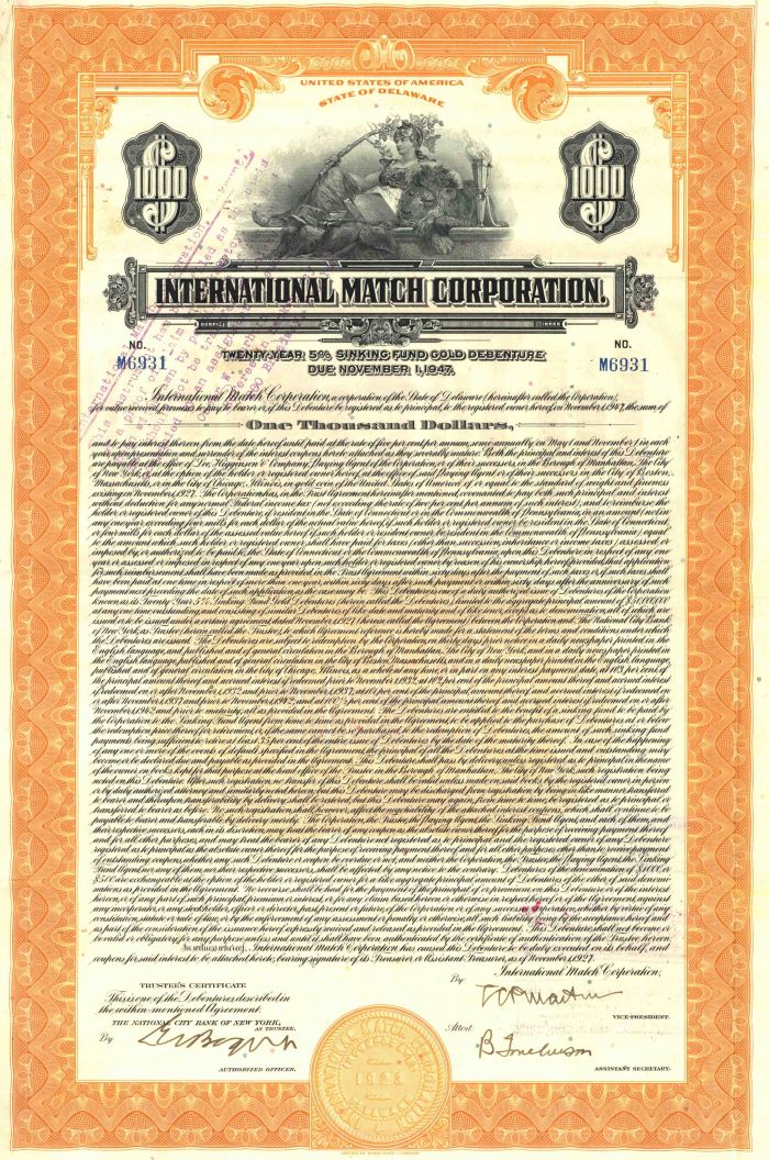 International Match Corporation - $1,000 Gold Bond - Great History - Kreuger & Toll