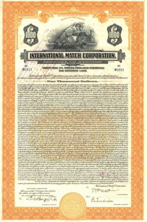 International Match Corporation - $1,000 Gold Bond - Great History - Kreuger & Toll