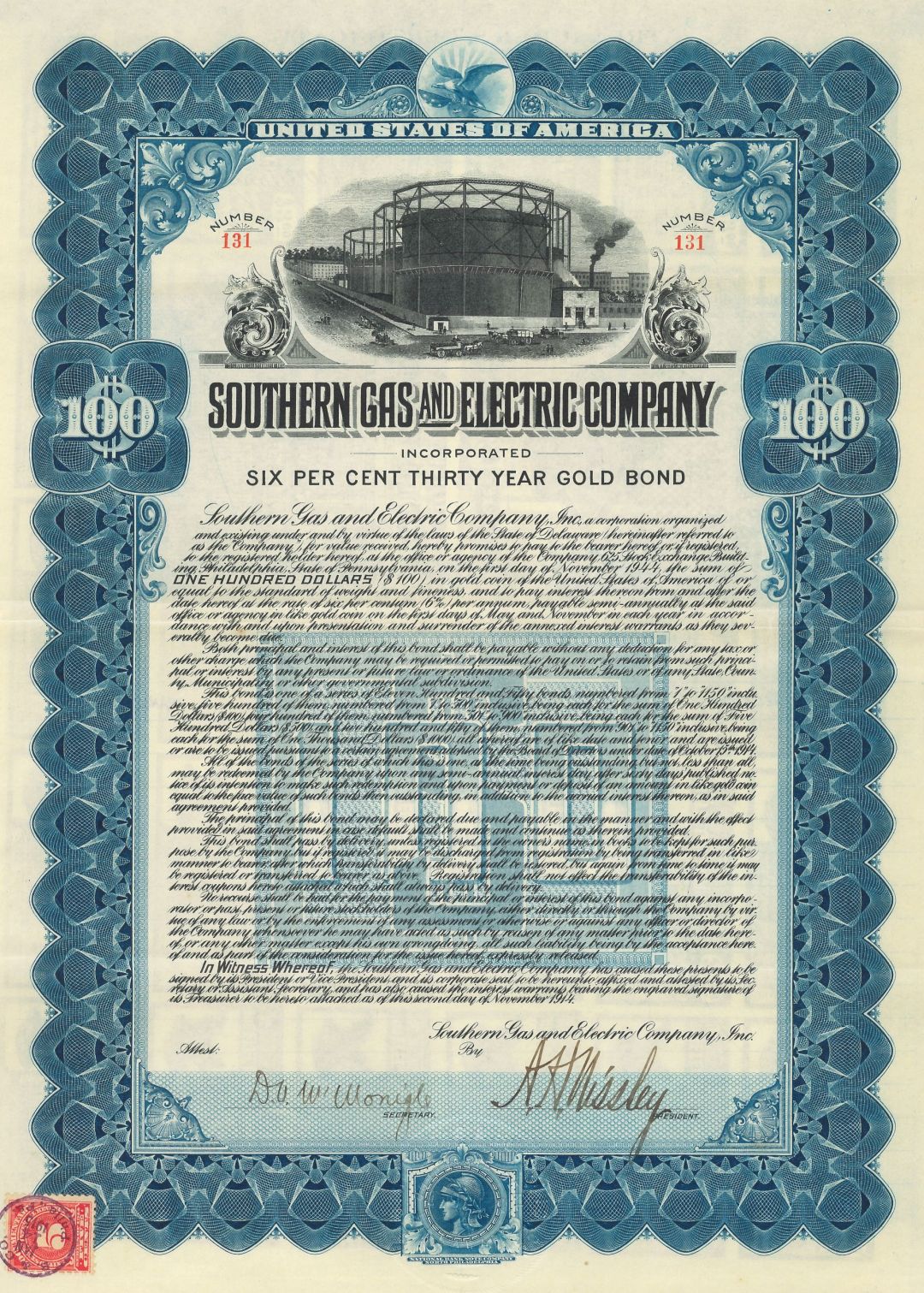 Southern Gas and Electric Co. - 1914 dated Utilities Gold Bond (Uncanceled)