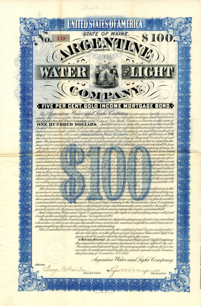 Argentine Water and Light Co. - $100 Bond (Uncanceled)