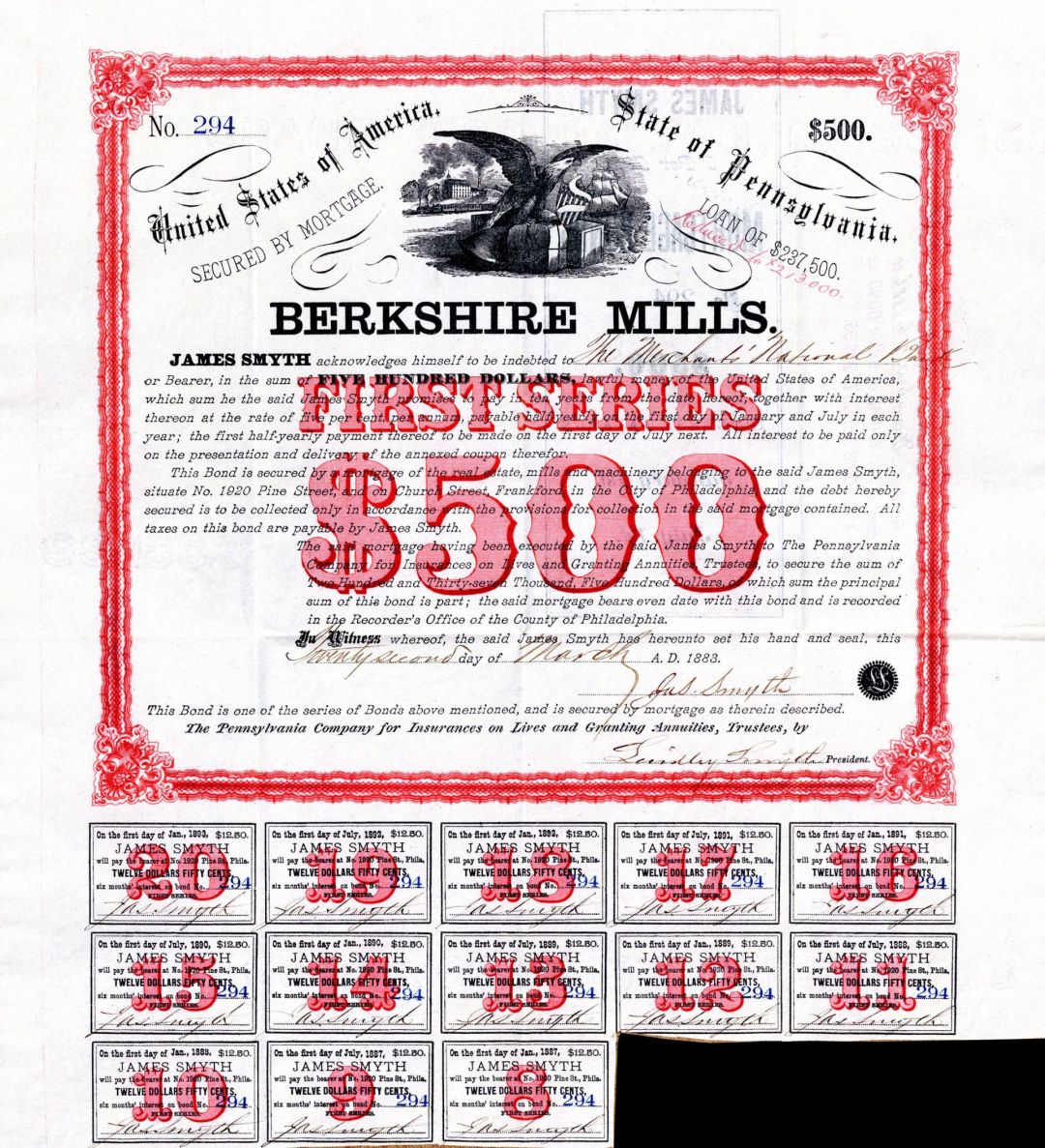 Berkshire Mills bond signed by James Smyth (Uncanceled) - $500 Bond