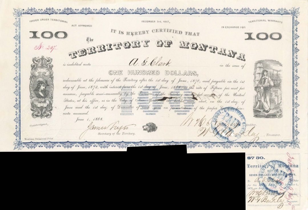Territory of Montana - (Uncanceled) 1868 dated $100 Bond