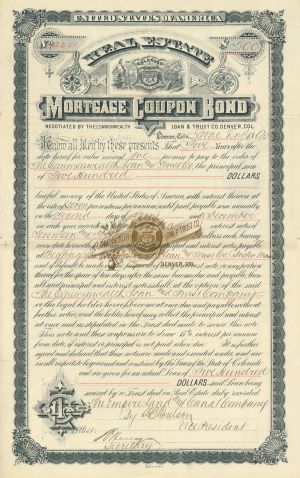 Denver, Colorado Real Estate Mortgage Coupon Bond - 1890 dated Uncanceled Bond