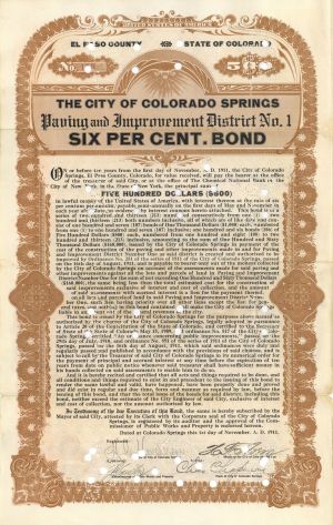 City of Colorado Springs - 1911 dated Public Improvement Bond - County of El Paso