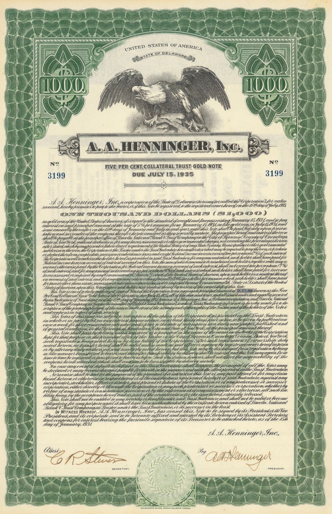 A.A. Henninger, Inc. - 1931 dated $1,000 Gold Bond (Uncanceled) - More Research is Needed of the Company