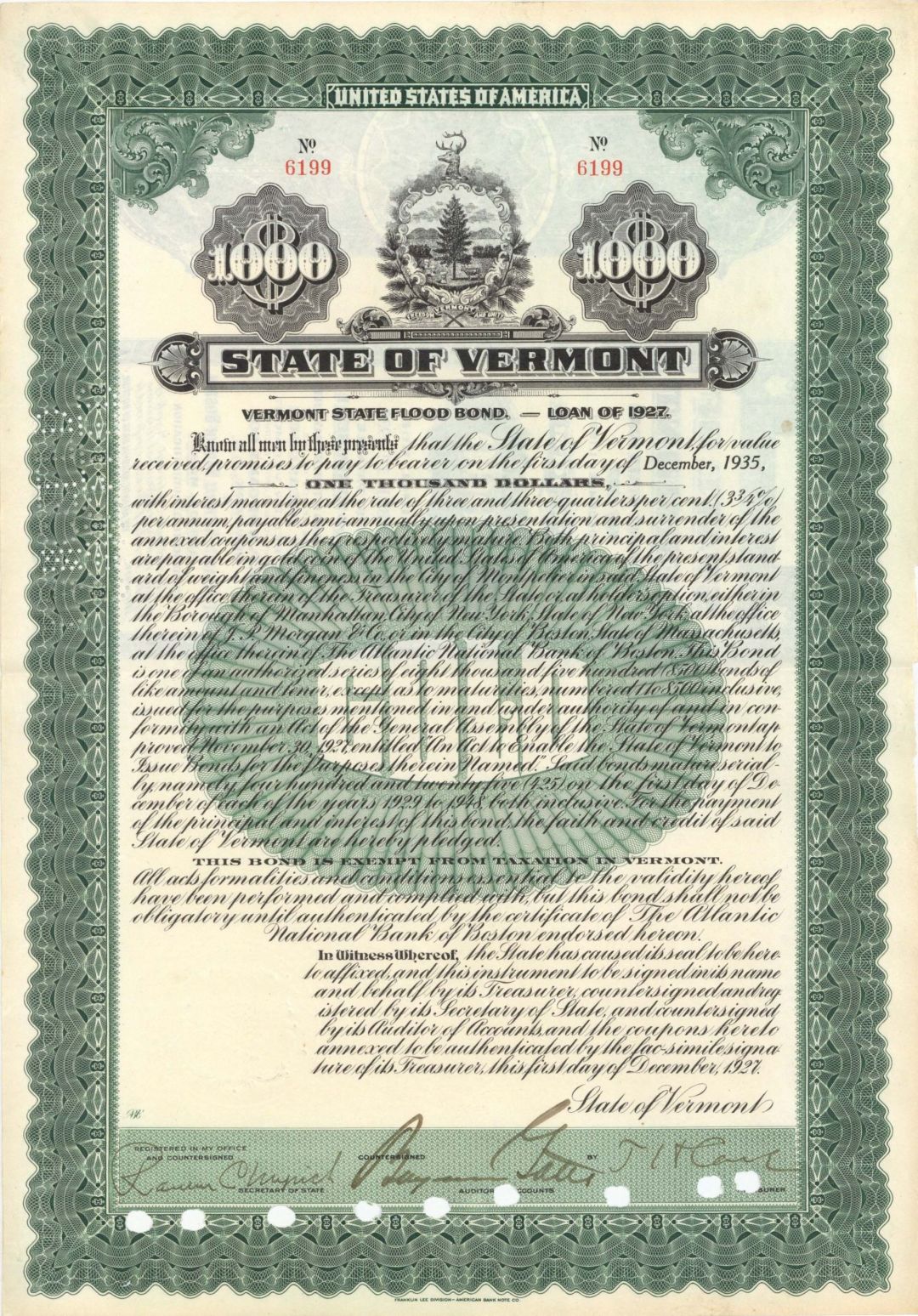 State of Vermont - $1,000 1927 dated Bond